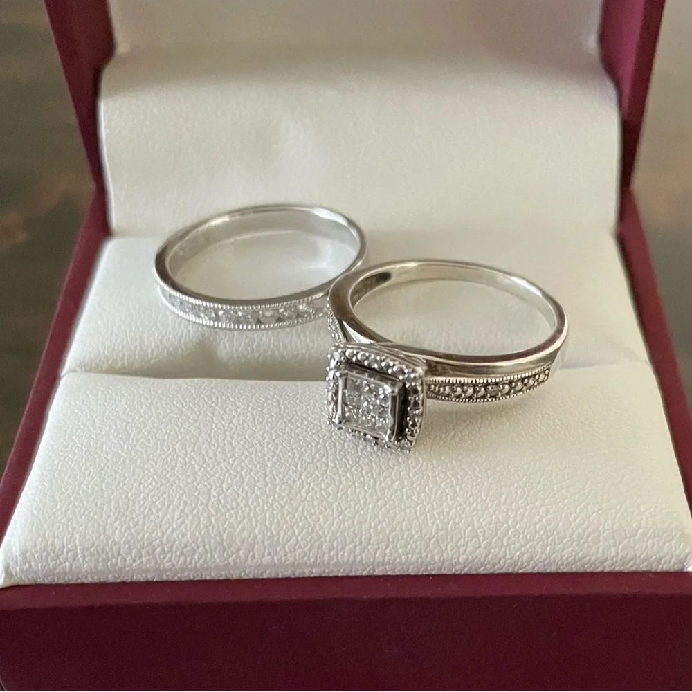 925 Sterling Silver & 14KT White Gold Diamond Engagement Ring & Wedding Band Set